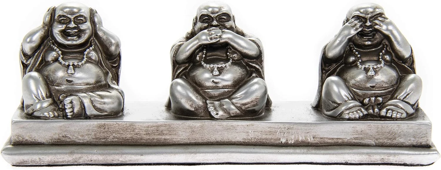 سه بودای خردمند - نبین بدی، نشنو بدی، نگو بدی - تزیینی بودای خندان دوست داشتنی به رنگ نقره ای (نقره ای)