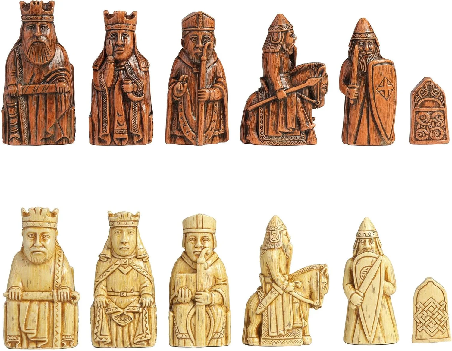 مجموعه مهره های شطرنج جزیره لوئیس، طراحی ورونیز، 3 1/2 اینچ، رزین، رنگ آمیزی شده با دست، کلکسیونی، رنگ زنگاری و سفید عتیقه، بدون صفحه شطرنج