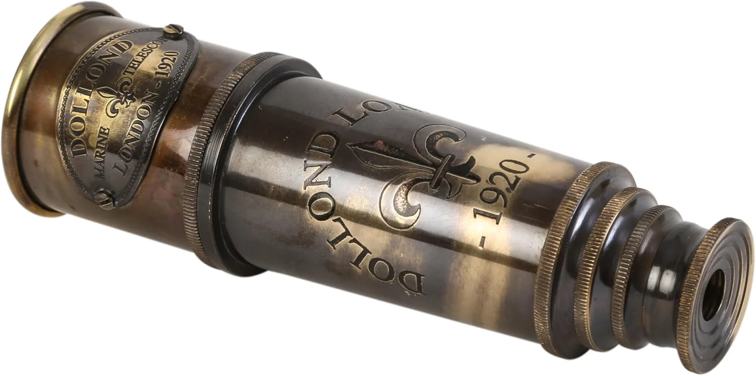 تلسکوپ دریایی کلکسیونی Dollond London 1920، دکوری، برنجی جامد، 15 اینچی، به همراه جعبه چوبی راه راه.