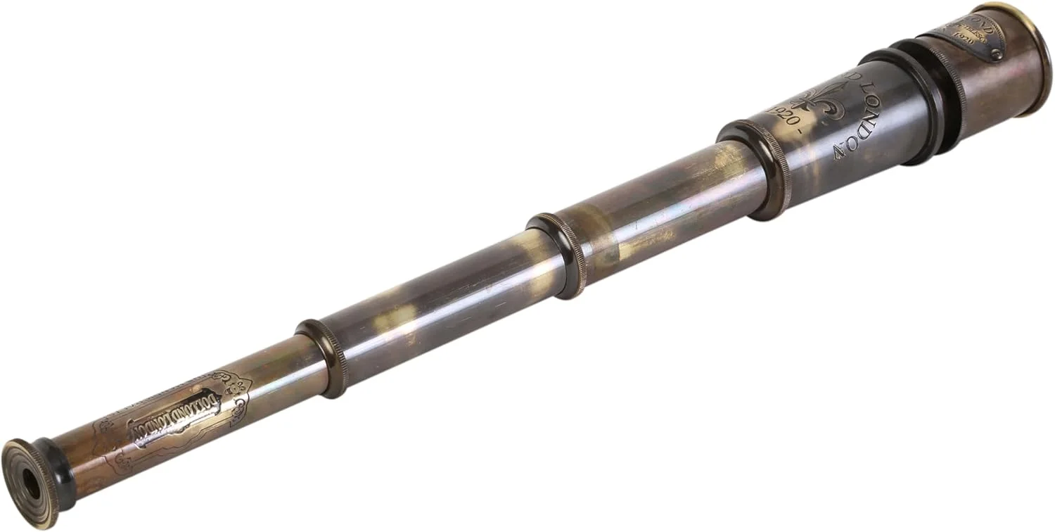 تلسکوپ دریایی کلکسیونی Dollond London 1920، دکوری، برنجی جامد، 15 اینچی، به همراه جعبه چوبی راه راه.