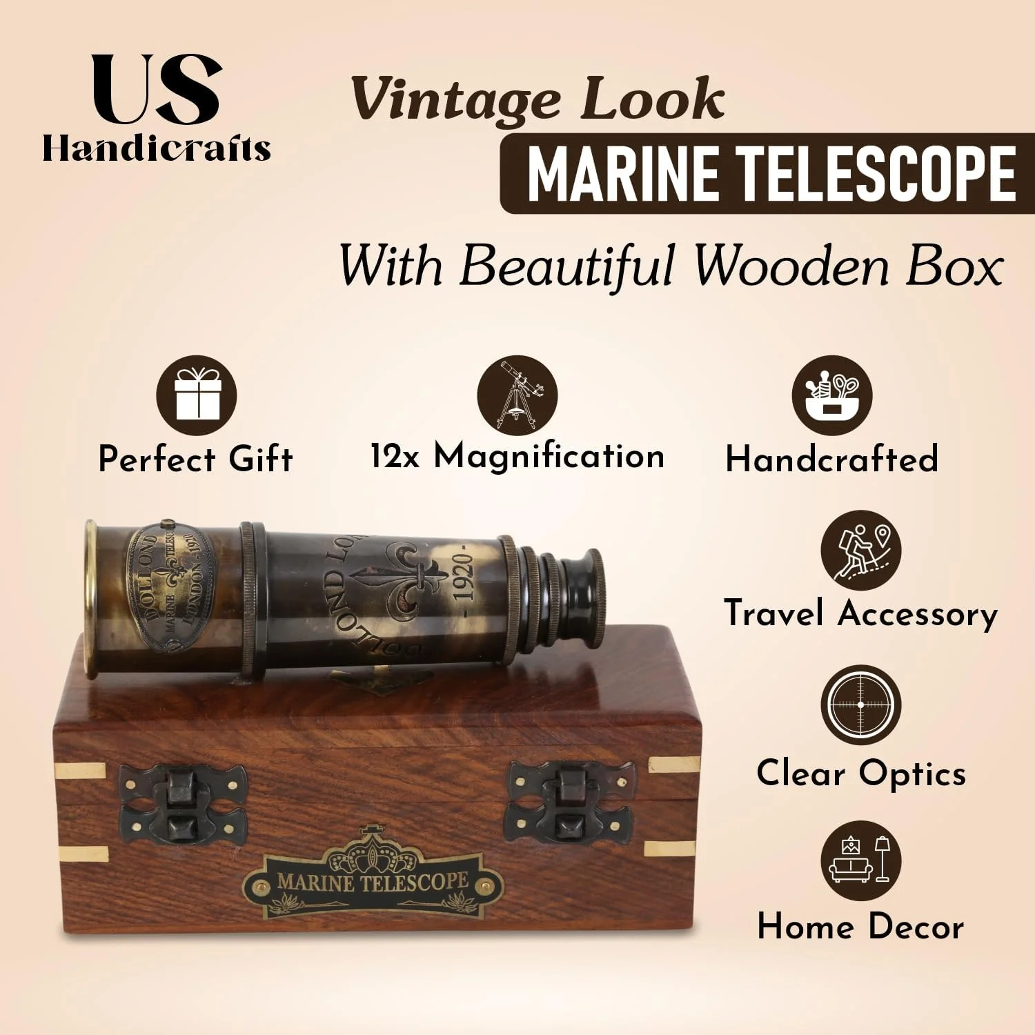 تلسکوپ دریایی کلکسیونی Dollond London 1920، دکوری، برنجی جامد، 15 اینچی، به همراه جعبه چوبی راه راه.