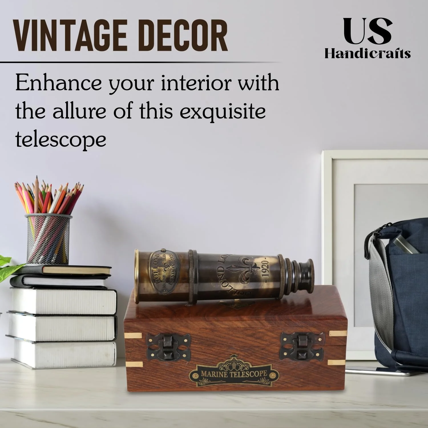 تلسکوپ دریایی کلکسیونی Dollond London 1920، دکوری، برنجی جامد، 15 اینچی، به همراه جعبه چوبی راه راه.