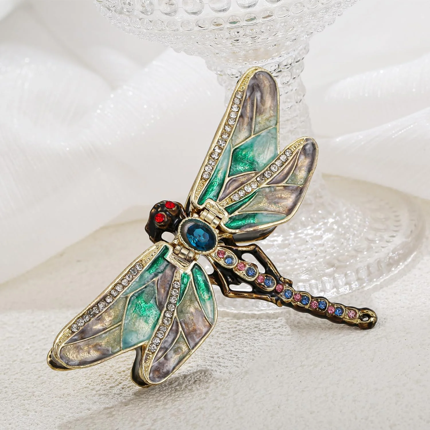 جعبه جواهرات لولایی طرح سنجاقک با مینای نقاشی شده دستی، جعبه مینیاتوری منحصر به فرد برای نگهداری انگشتر و گردنبند، جعبه کلکسیونی عتیقه با جواهرات، دکوری زیبا برای منزل (سنجاقک)