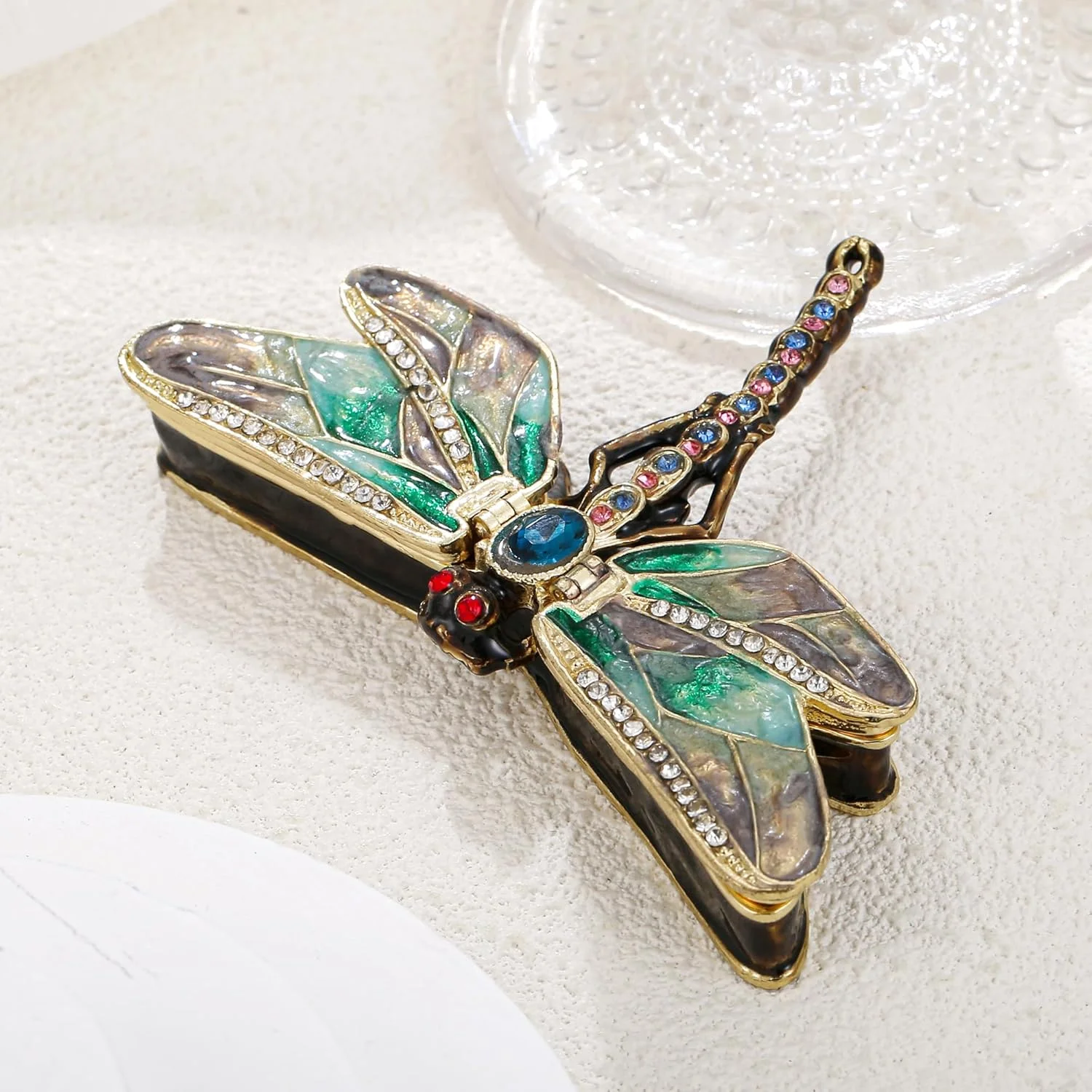 جعبه جواهرات لولایی طرح سنجاقک با مینای نقاشی شده دستی، جعبه مینیاتوری منحصر به فرد برای نگهداری انگشتر و گردنبند، جعبه کلکسیونی عتیقه با جواهرات، دکوری زیبا برای منزل (سنجاقک)