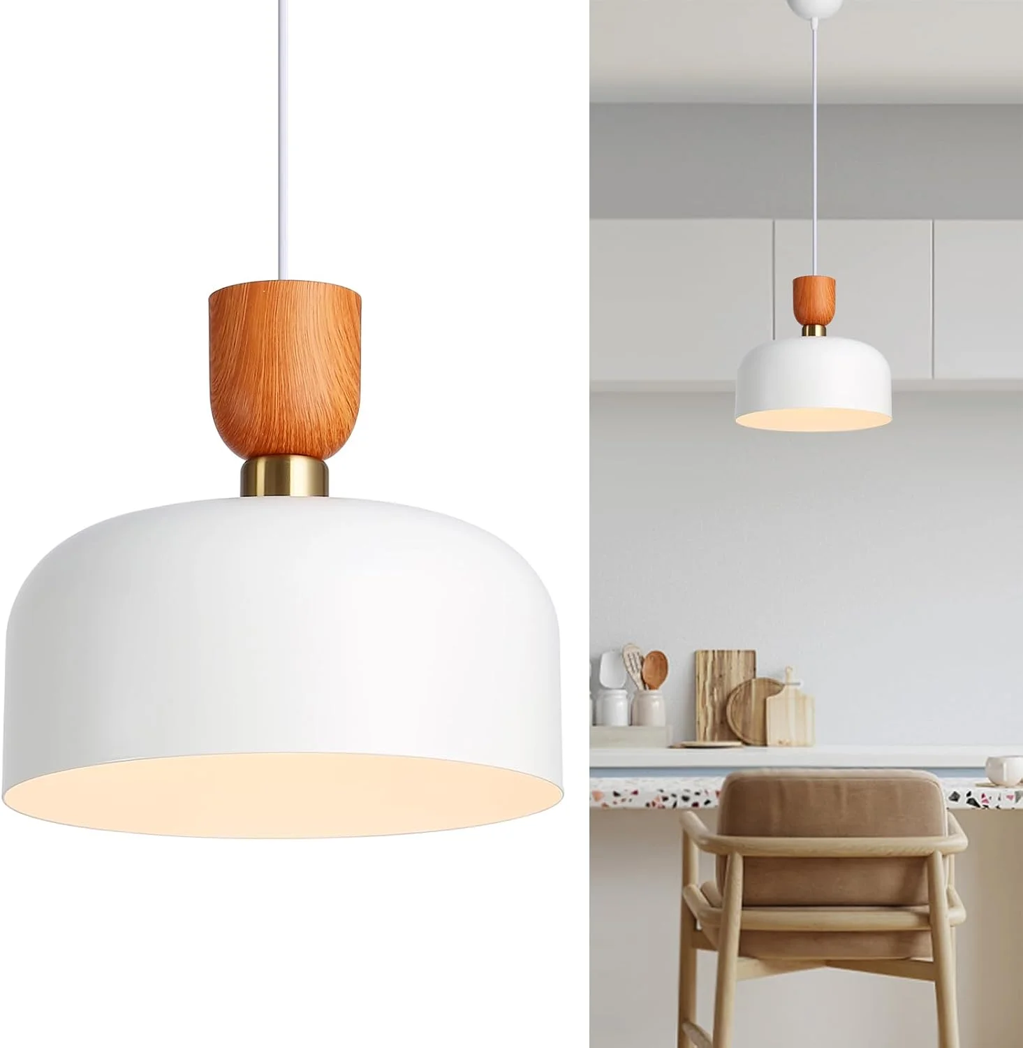 چراغ آویز سقفی آلپینالوز – فولاد سفید با رنگ طرح چوب، حلقه تزئینی طلایی، کلاهک 30 سانتی متری، سرپیچ لامپ E27 – طراحی شیک برای اتاق نشیمن، اتاق غذاخوری و اتاق خواب