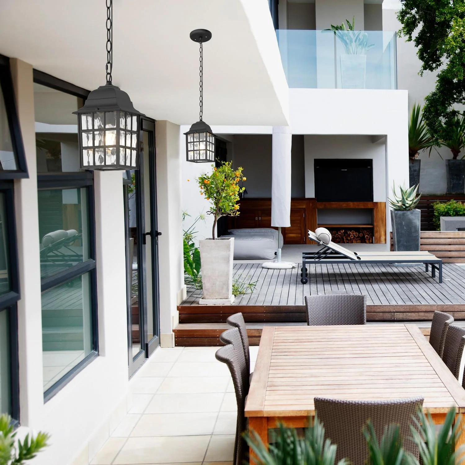 چراغ آویز بیرونی، چراغ ایوان فانوسی آویز سقفی بیرونی با شیشه آبی، چراغ فانوسی آویز بیرونی مشکی برای ایوان، حیاط، آلاچیق