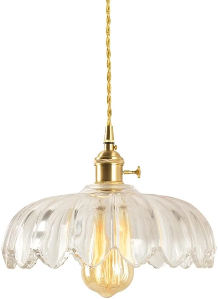 چراغ آویز مدرن تک شعله با روکش برنجی و حباب شیشه ای شفاف، روشنایی جزیره آشپزخانه، چراغ آویز تک سر با طرح گل خلاقانه برای نورپردازی تزئینی بالکن رستوران