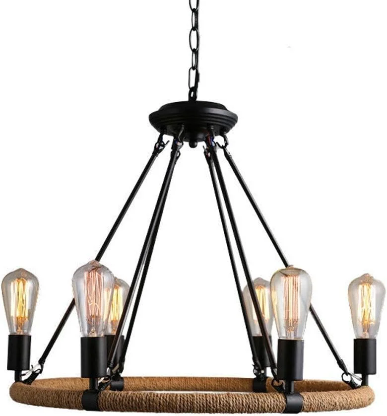 چراغ آویز 6 شاخه زیبا، چراغ آویز وینتیج، چراغ آویز گرد عتیقه برای اتاق نشیمن، آشپزخانه، اتاق غذاخوری، چراغ آویز طناب کنفی، نورافکن فلزی آهن، دکوراتیو صنعتی مشکی