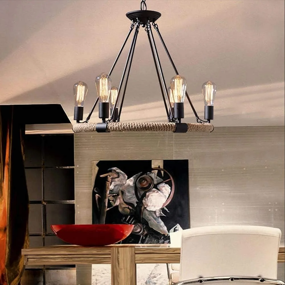 چراغ آویز 6 شاخه زیبا، چراغ آویز وینتیج، چراغ آویز گرد عتیقه برای اتاق نشیمن، آشپزخانه، اتاق غذاخوری، چراغ آویز طناب کنفی، نورافکن فلزی آهن، دکوراتیو صنعتی مشکی چراغ آویز 6 شاخه زیبا، چراغ آویز وینتیج، چراغ آویز گرد عتیقه برای اتاق نشیمن، آشپزخانه، اتاق غذاخوری، چراغ آویز طناب کنفی، نورافکن فلزی آهن، دکوراتیو صنعتی مشکی