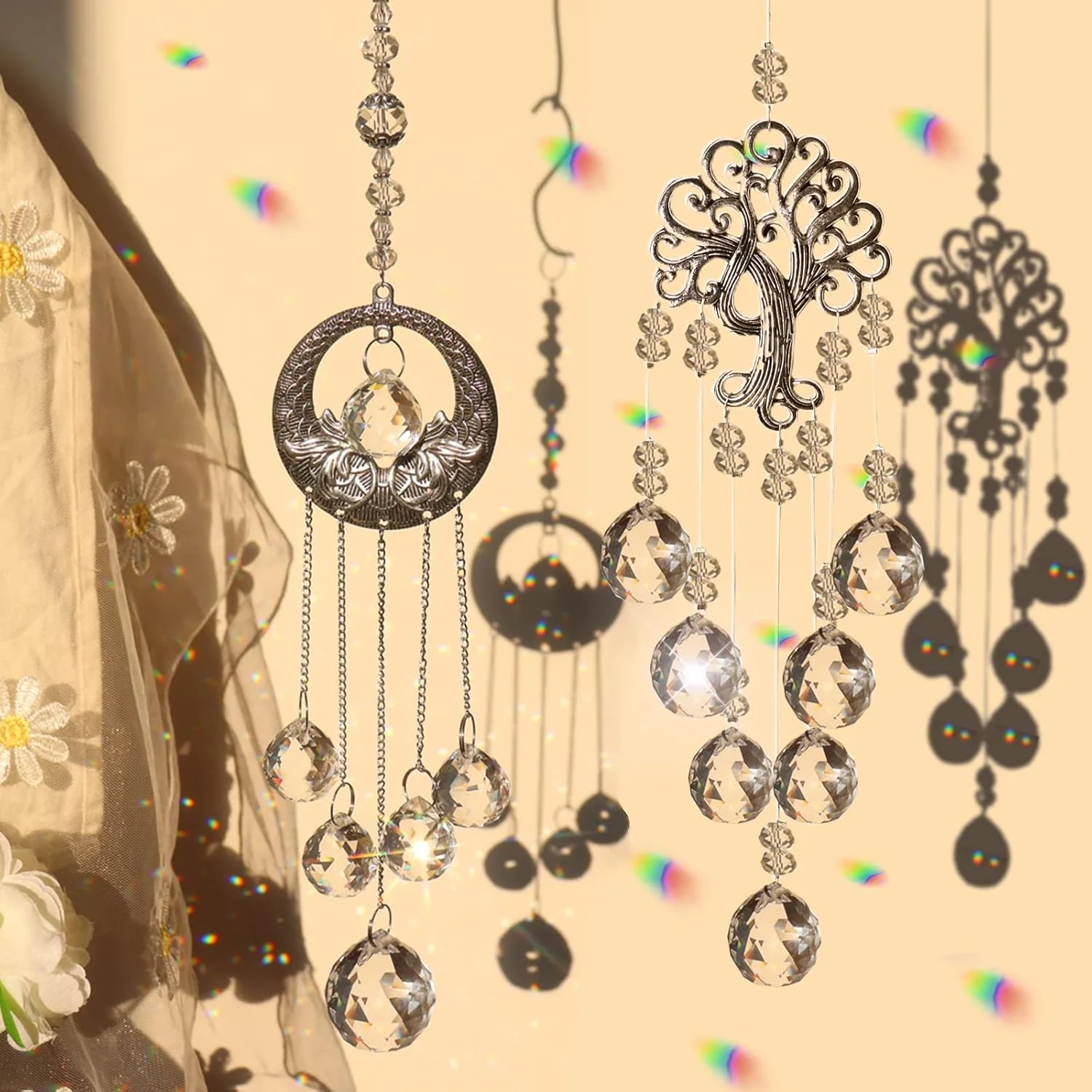 آویز کریستالی منشور نور خورشید، منشور شیشه ای کریستالی، آویز فلزی درخت زندگی، آویز تزئینی کریستالی، آویز تزئینی پنجره، آویز تزئینی پنجره برای باغ، تزئینات فضای باز