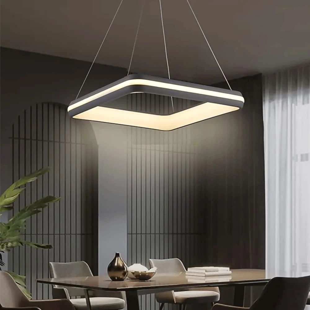 لوستر آویز مربع ساده، چراغ آویز حلقه‌ای آلیاژ آلومینیوم با آباژور اکریلیک، روشنایی معلق اتاق غذاخوری، تزئینی اتاق خواب، نور گرم-خاکستری
