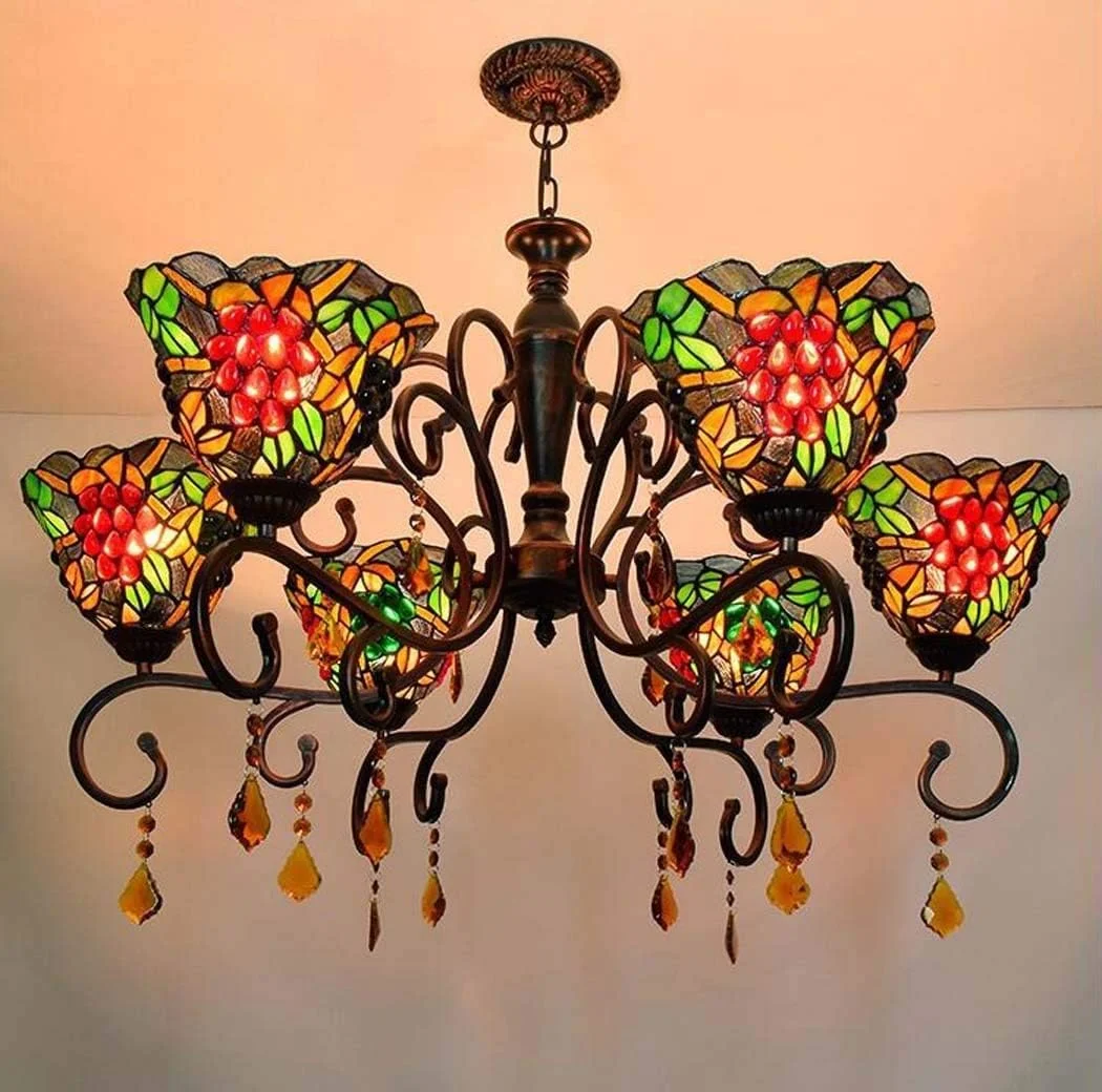 لوستر - چراغ آویز، چراغ آویز طرح انگور شیشه ای رنگ آمیزی شده باغ آمریکایی، لوسترهای تزئینی 6 شاخه اتاق نشیمن، اتاق خواب، باشگاه، رستوران به سبک اروپایی