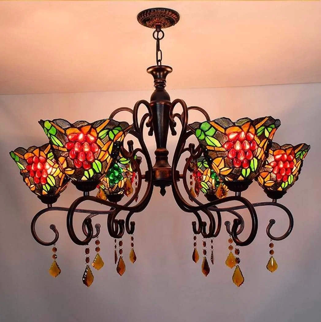 لوستر - چراغ آویز، چراغ آویز طرح انگور شیشه ای رنگ آمیزی شده باغ آمریکایی، لوسترهای تزئینی 6 شاخه اتاق نشیمن، اتاق خواب، باشگاه، رستوران به سبک اروپایی