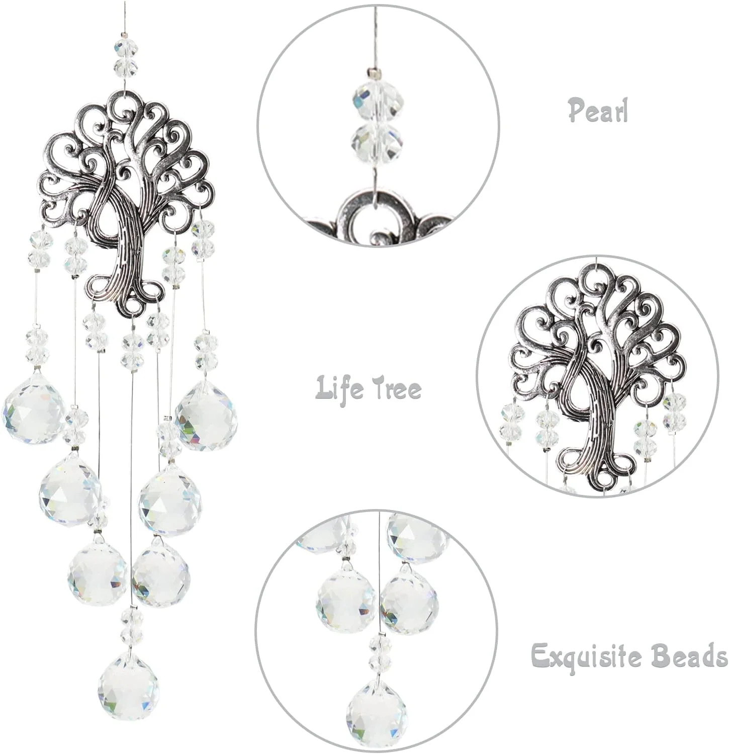 آویز کریستالی منشور نور خورشید، منشور شیشه ای کریستالی، آویز فلزی درخت زندگی، آویز تزئینی کریستالی، آویز تزئینی پنجره، آویز تزئینی پنجره برای باغ، تزئینات فضای باز