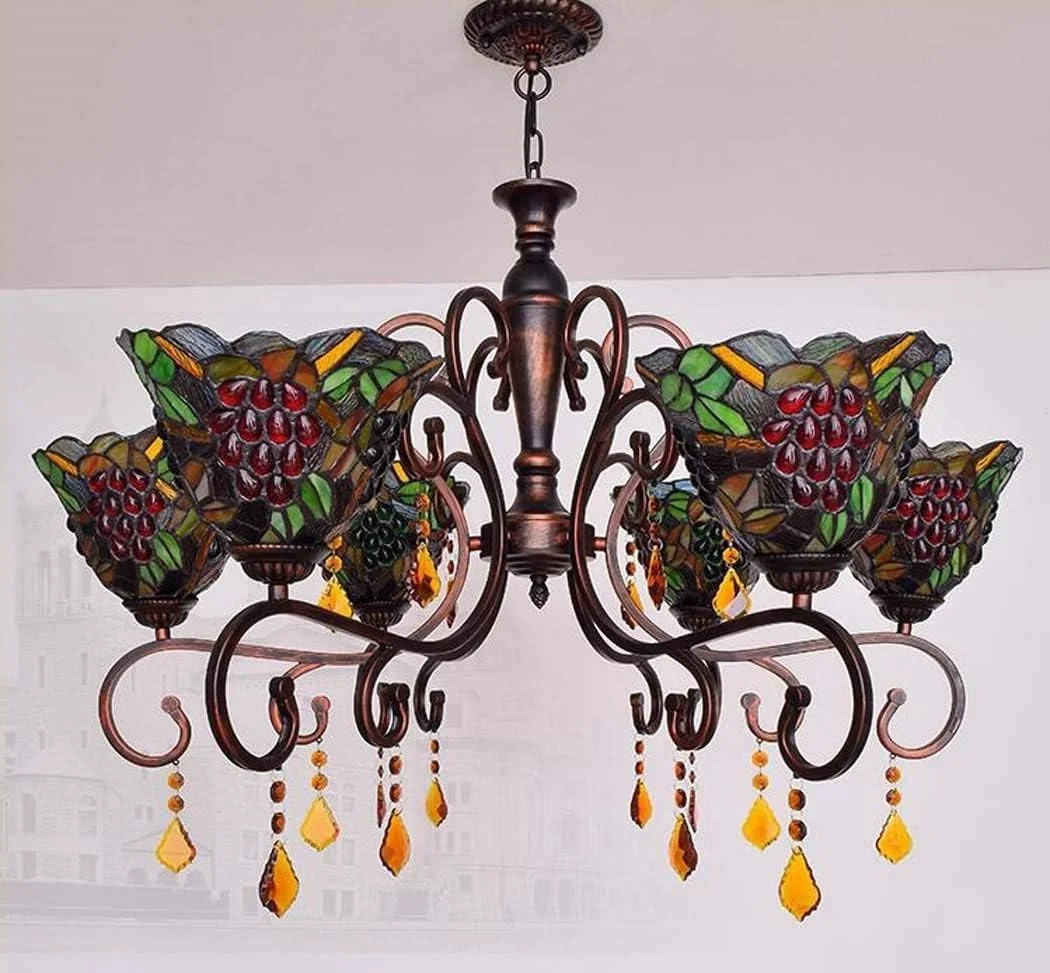 لوستر - چراغ آویز، چراغ آویز طرح انگور شیشه ای رنگ آمیزی شده باغ آمریکایی، لوسترهای تزئینی 6 شاخه اتاق نشیمن، اتاق خواب، باشگاه، رستوران به سبک اروپایی