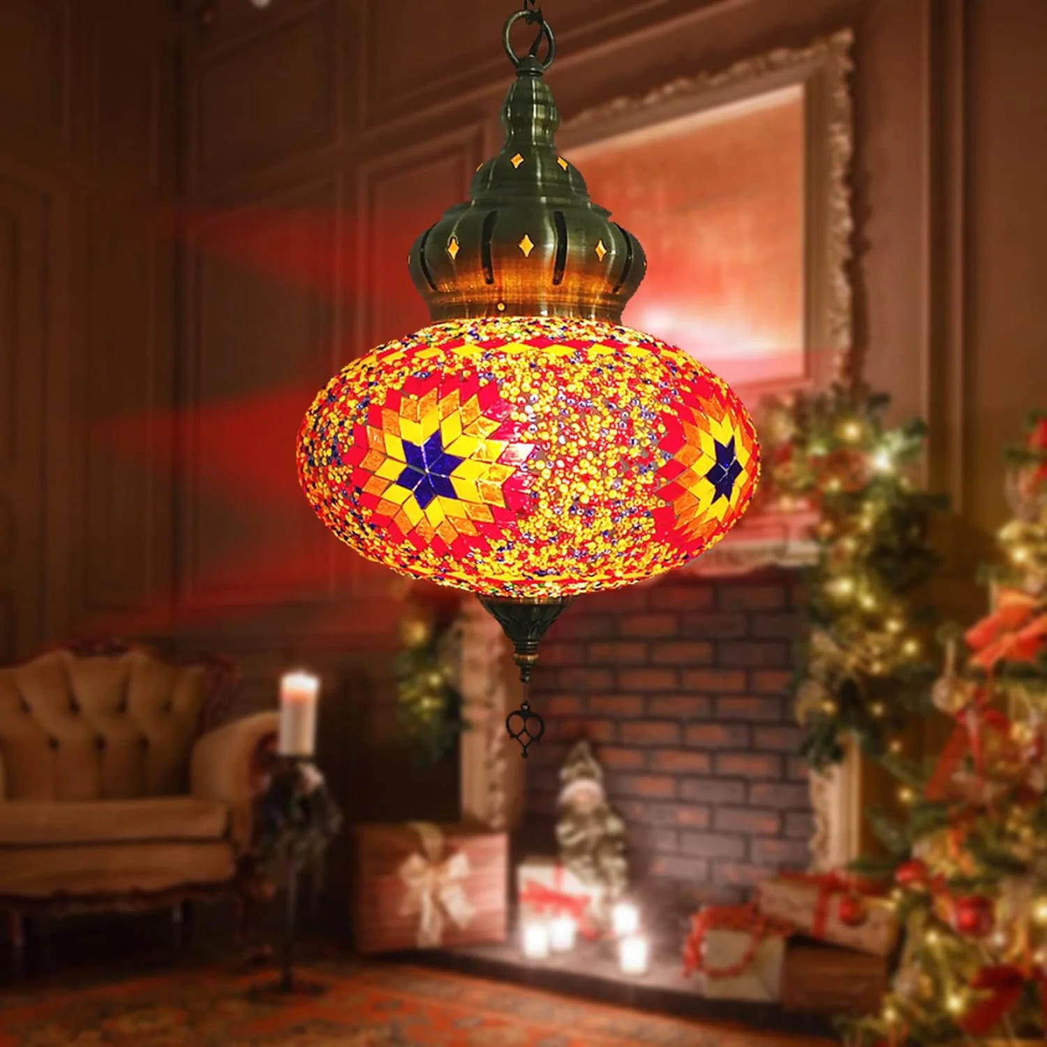 (۱۲ رنگ) لوستر آویز سقفی موزاییکی، سبک مراکشی و ترکیه ای، چند رنگ، دکوراتیو، مناسب اتاق نشیمن و اتاق خواب، قرمز الف