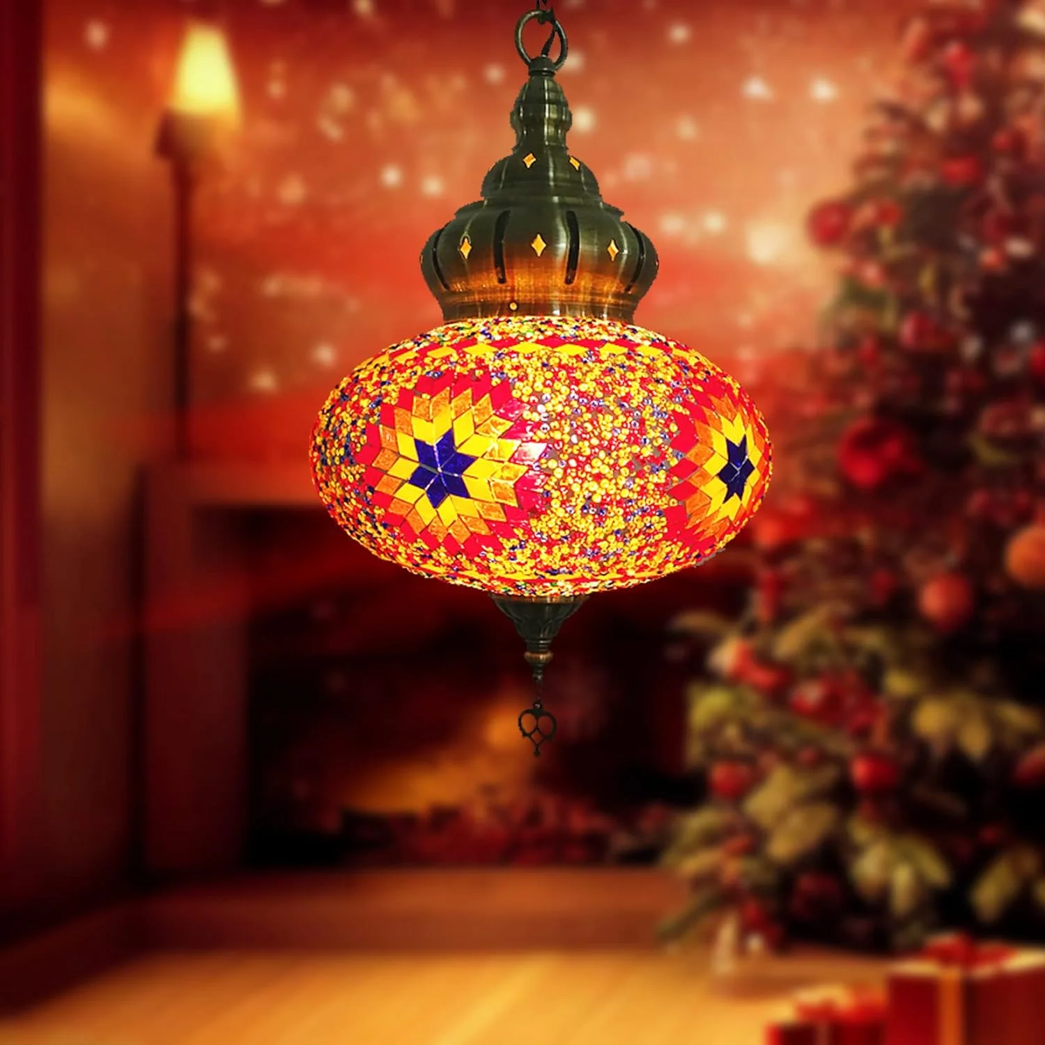 (۱۲ رنگ) لوستر آویز سقفی موزاییکی، سبک مراکشی و ترکیه ای، چند رنگ، دکوراتیو، مناسب اتاق نشیمن و اتاق خواب، قرمز الف
