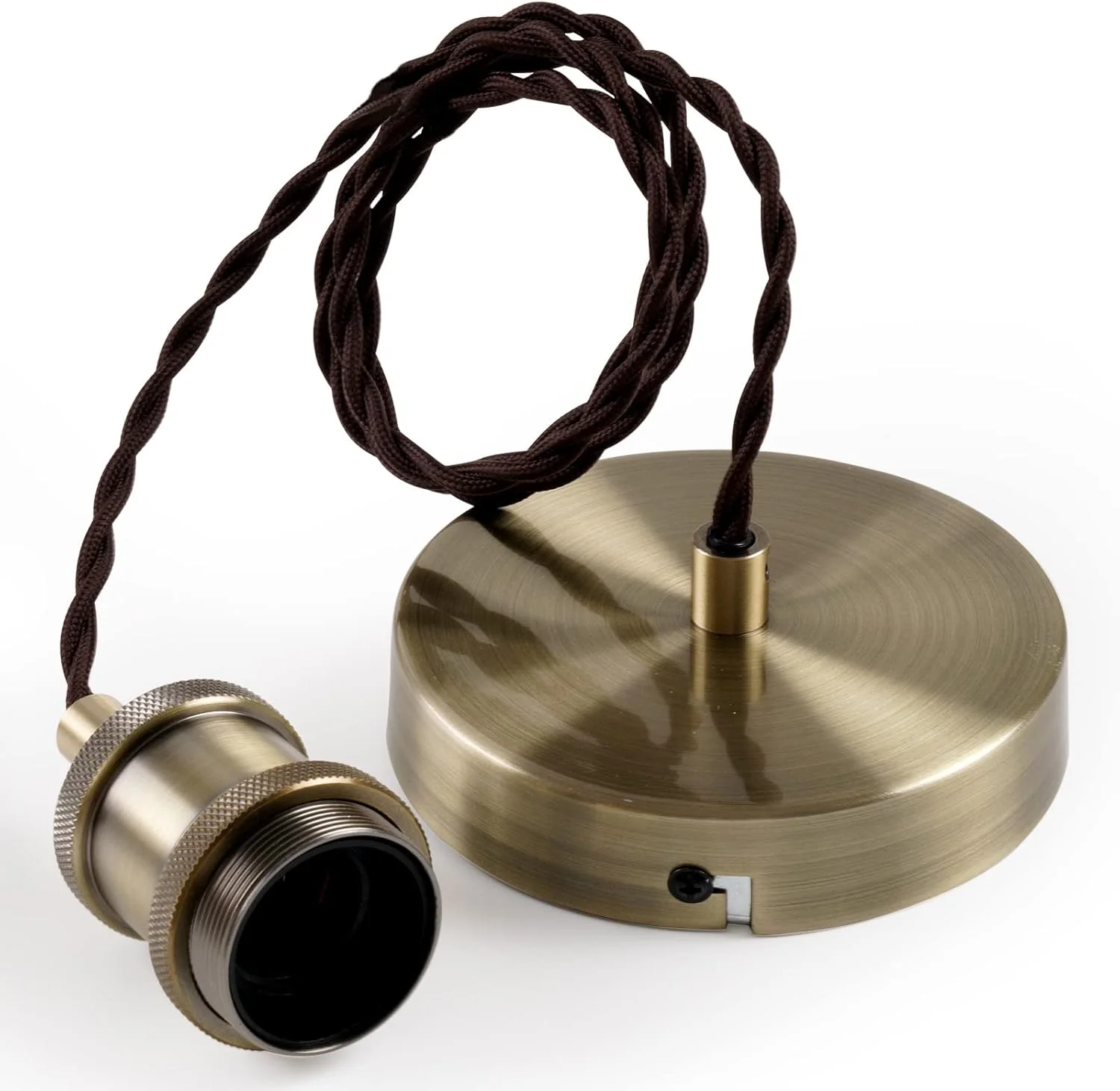 چراغ آویز سقفی طرح قدیمی COZZY، سیم بافته قهوه ای، سرپیچ لامپ E27، کیت چراغ آویز معلق - برنجی عتیقه