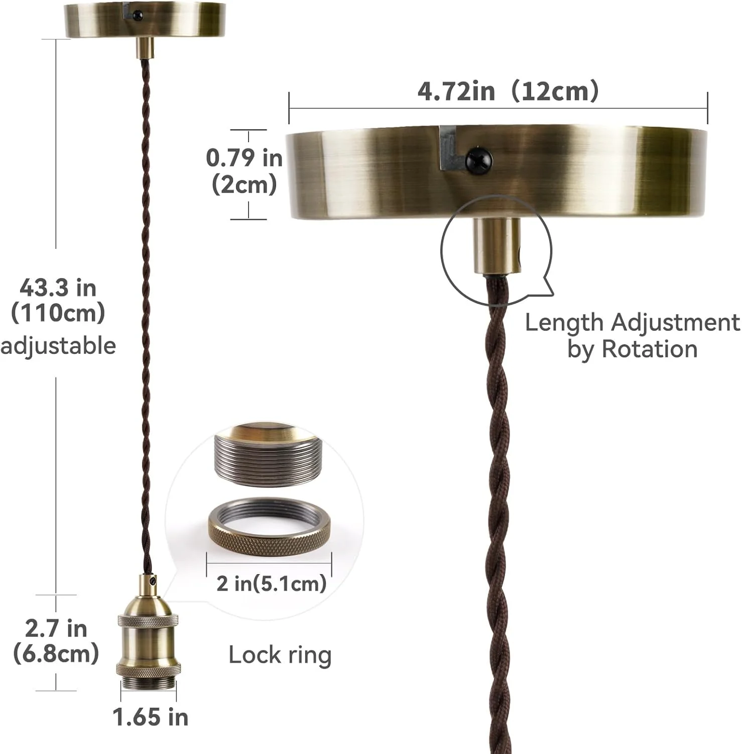چراغ آویز سقفی طرح قدیمی COZZY، سیم بافته قهوه ای، سرپیچ لامپ E27، کیت چراغ آویز معلق - برنجی عتیقه