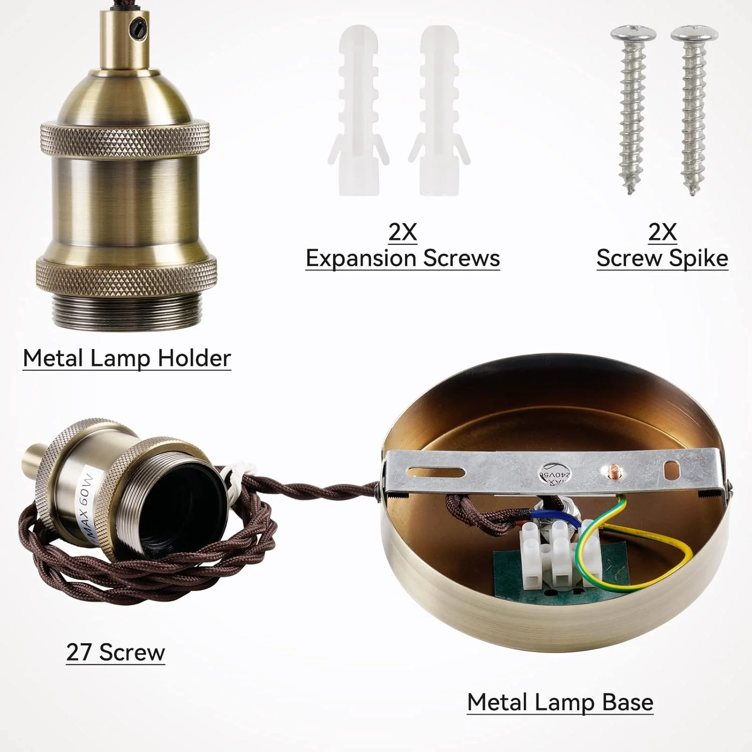 چراغ آویز سقفی طرح قدیمی COZZY، سیم بافته قهوه ای، سرپیچ لامپ E27، کیت چراغ آویز معلق - برنجی عتیقه