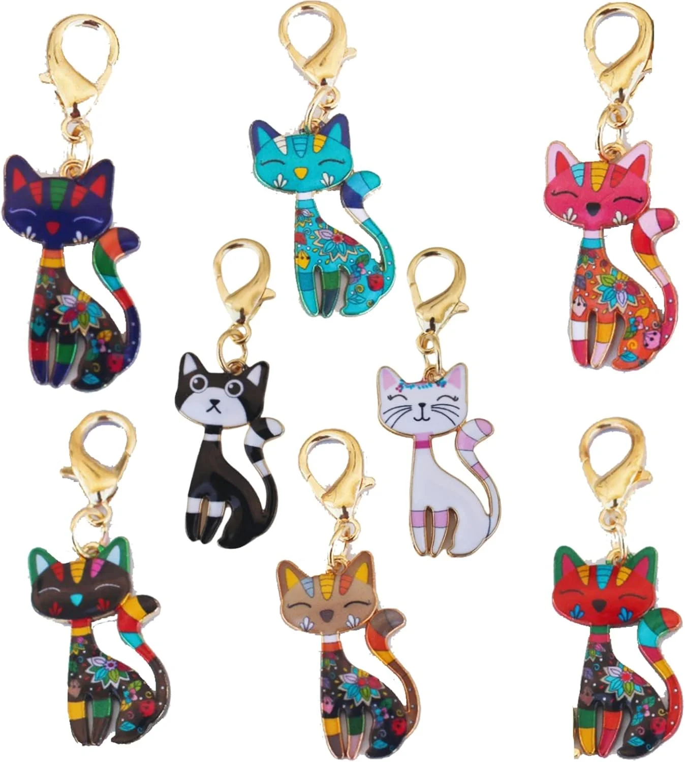 آویزهای تزئینی گربه، ست 8 عددی، آویزهای جاکلیدی میناکاری رنگارنگ، گیره های فلزی طلایی رنگ برای کیف دستی و کلید