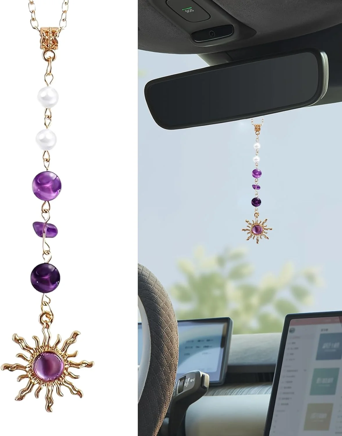 آویز آینه خودرو تاکونه، کریستال خورشیدی بوهمی - آویز خودرو با سنگ های قیمتی و مهره، تزئینی خوش شانس برای آینه دید عقب خودرو، ایده هدیه ای فوق العاده برای کریسمس و روز شکرگزاری