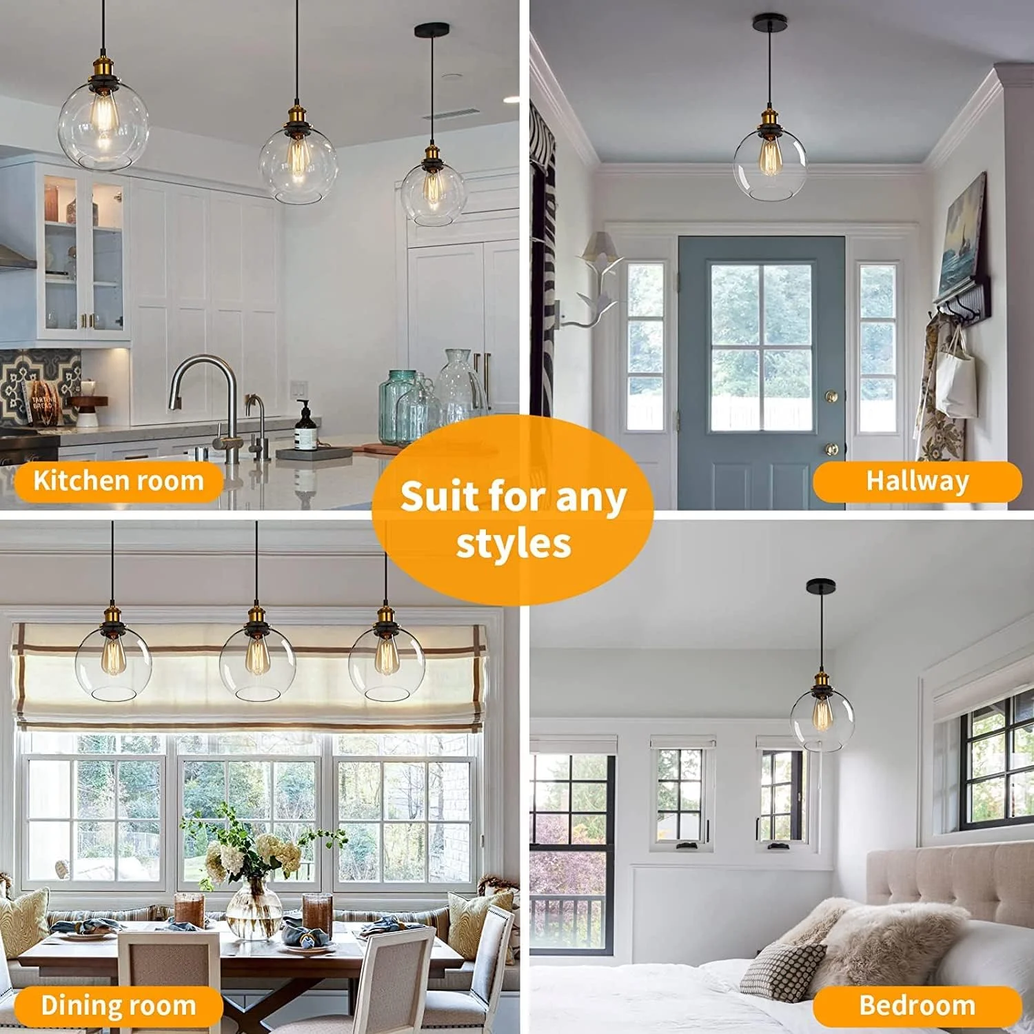 چراغ آویز شیشه ای وینتیج فوکاسال، چراغ های سقفی صنعتی با حباب شیشه ای شفاف، روشنایی آویز قابل تنظیم برای جزیره آشپزخانه اتاق ناهارخوری اتاق خواب (ø20CM)