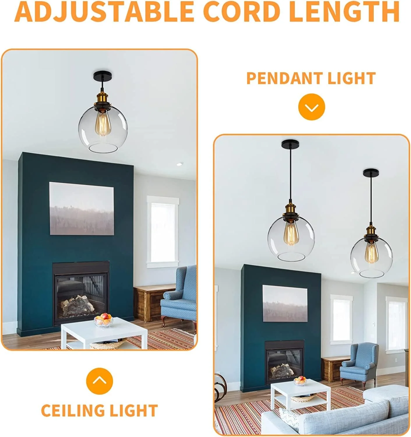 چراغ آویز شیشه ای وینتیج فوکاسال، چراغ های سقفی صنعتی با حباب شیشه ای شفاف، روشنایی آویز قابل تنظیم برای جزیره آشپزخانه اتاق ناهارخوری اتاق خواب (ø20CM)