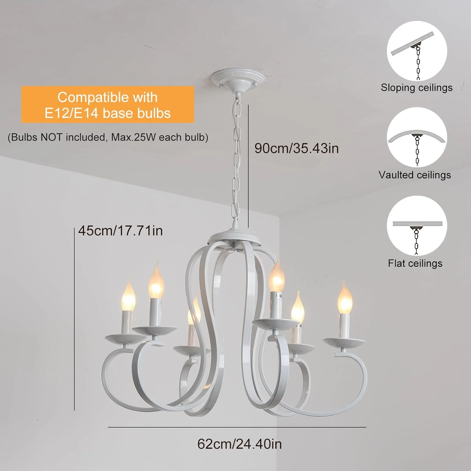 لوستر به سبک فرانسوی روستایی Ganeed، لوستر شش شاخه شمعدانی قدیمی، آویز فلزی روستیک، مناسب برای میز ناهارخوری، جزیره آشپزخانه، اتاق نشیمن، سفید