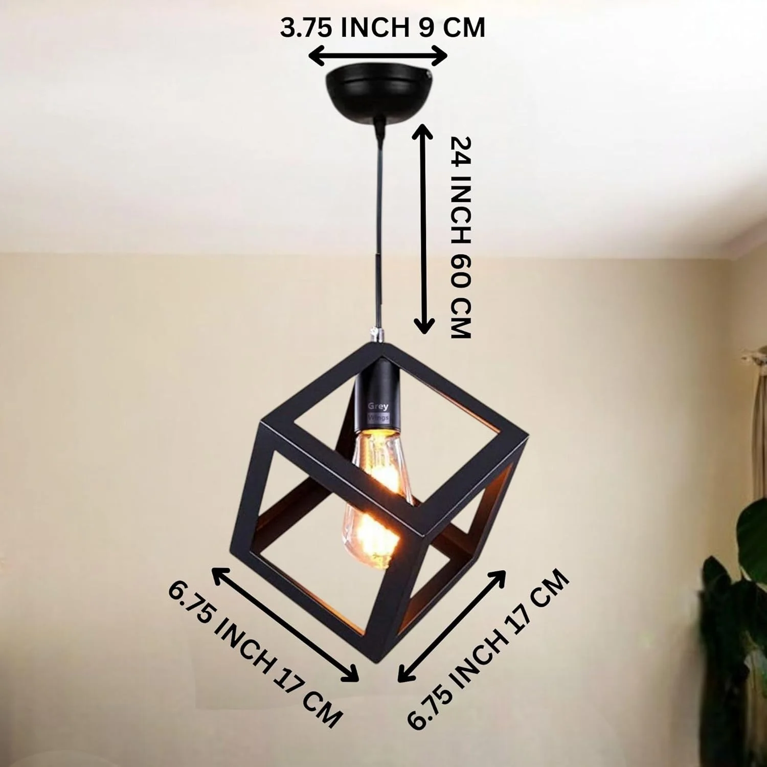 چراغ آویز مکعبی فلزی GreyWings برای سقف، مناسب برای سالن غذاخوری، رستوران، بار، کافه به همراه لامپ رشته ای (مشکی)