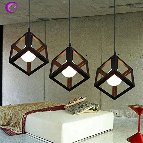 چراغ آویز مکعبی فلزی GreyWings برای سقف، مناسب برای سالن غذاخوری، رستوران، بار، کافه به همراه لامپ رشته ای (مشکی)