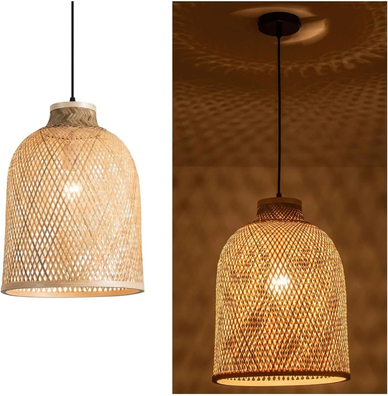 چراغ آویز بافت بامبو هندسی، سایه گنبدی 30 سانتی متری، ارتفاع قابل تنظیم 200 سانتی متر، چراغ سقفی حصیری طبیعی برای جزیره آشپزخانه