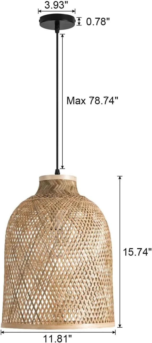 چراغ آویز بافت بامبو هندسی، سایه گنبدی 30 سانتی متری، ارتفاع قابل تنظیم 200 سانتی متر، چراغ سقفی حصیری طبیعی برای جزیره آشپزخانه