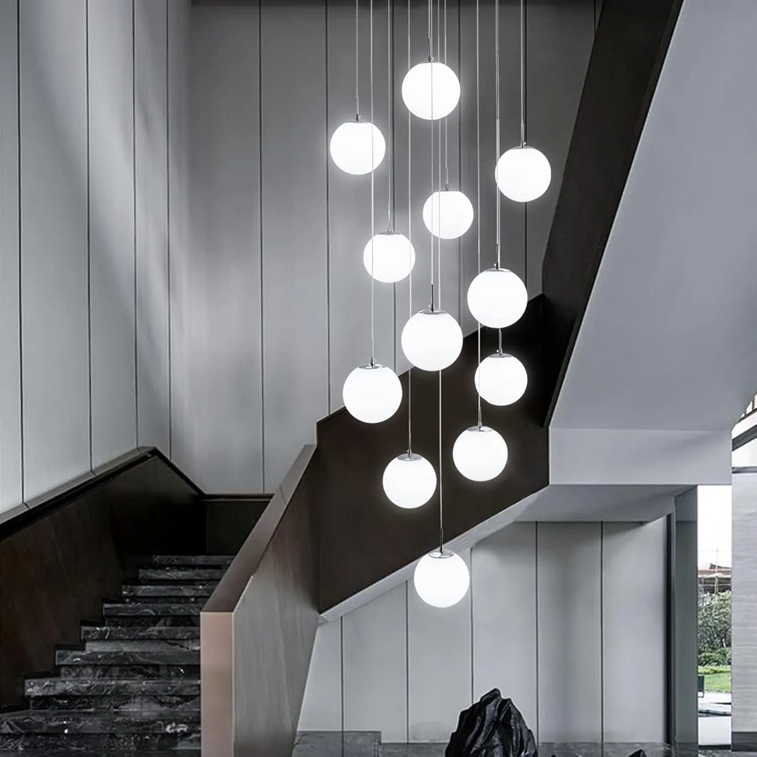 چراغ آویز H.W.S مدرن برای راه پله، چراغ آویز توپی، چراغ آویز G9 میز ناهار خوری با قابلیت تنظیم ارتفاع، لوستر راه پله، چراغ درخشان تزئینی برای اتاق نشیمن، ویلا، آشپزخانه، راهرو (12 شعله)