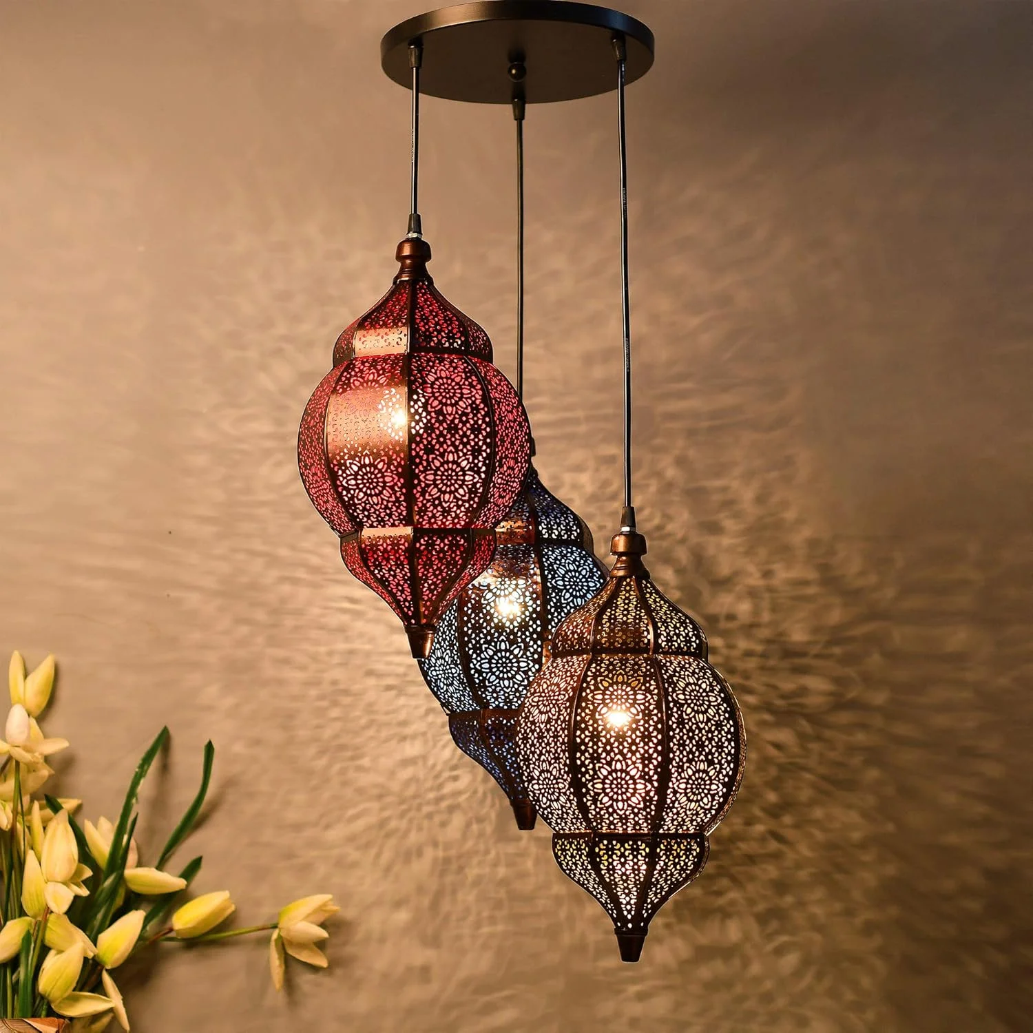 چراغ آویز مراکشی هوم‌ساک - چراغ سقفی فلزی دست‌ساز وینتیج، لوستر جھومار برای اتاق نشیمن، اتاق خواب، اتاق غذاخوری - سازگار با LED، نورپردازی جشن، دکوراسیون منزل