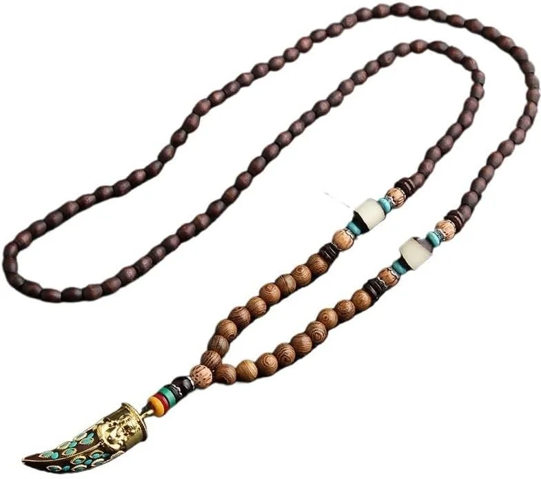 آویز جواهرات دست ساز نپال، گردنبند مهره چوبی با زنجیر پشمی به سبک قومیتی قدیمی، آویز تزئینی بلند زنانه