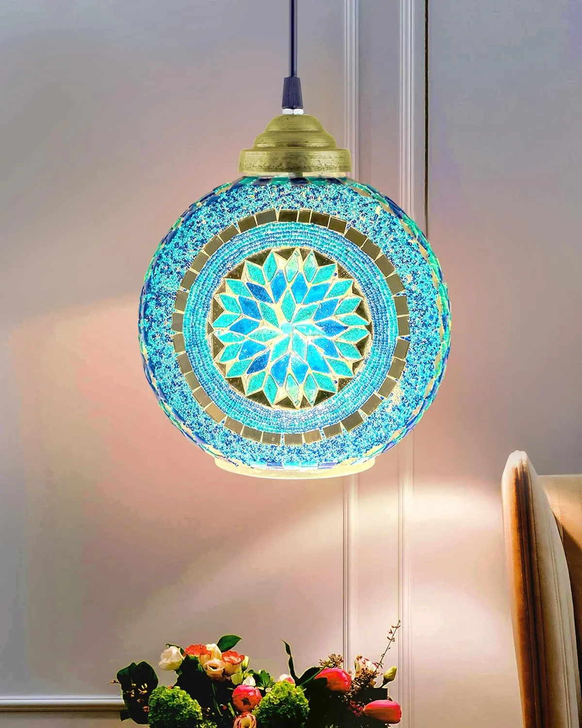 لوستر آویز سقفی موزاییکی مراکشی آبی رنگ Homesake، چراغ آویز دست ساز، آبی