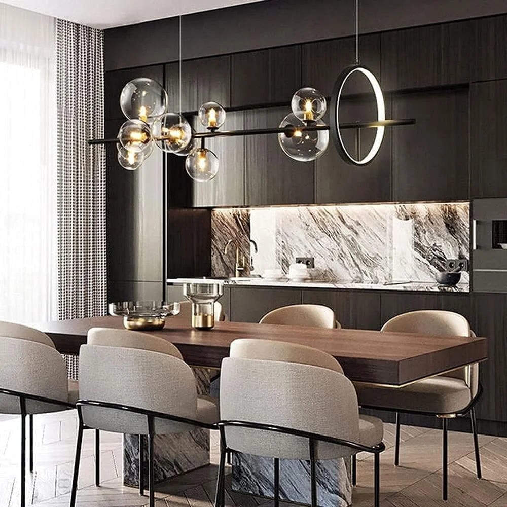 لوستر آویز مشکی خلاقانه با حباب‌های شیشه‌ای، مناسب برای رستوران، چراغ آویز تزئینی، روشنایی داخلی اتاق نشیمن - 120cm*30cm مدرن