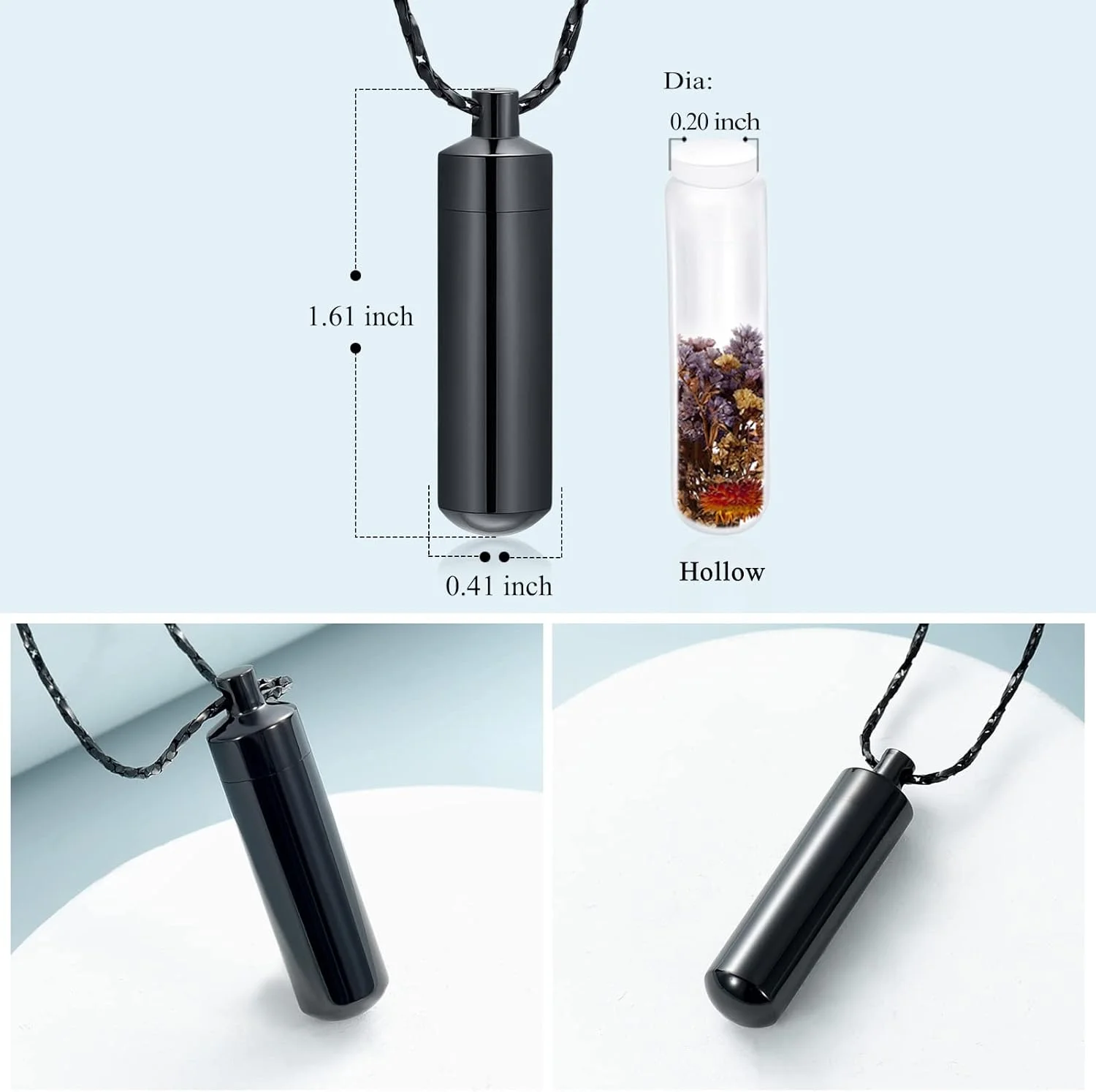 گردنبند یادبود استوانه ای با ویال شیشه ای برای خاکستر