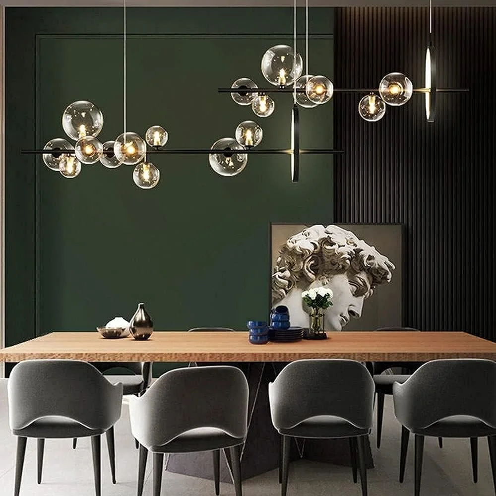 لوستر آویز مشکی خلاقانه با حباب‌های شیشه‌ای، مناسب برای رستوران، چراغ آویز تزئینی، روشنایی داخلی اتاق نشیمن - 120cm*30cm مدرن