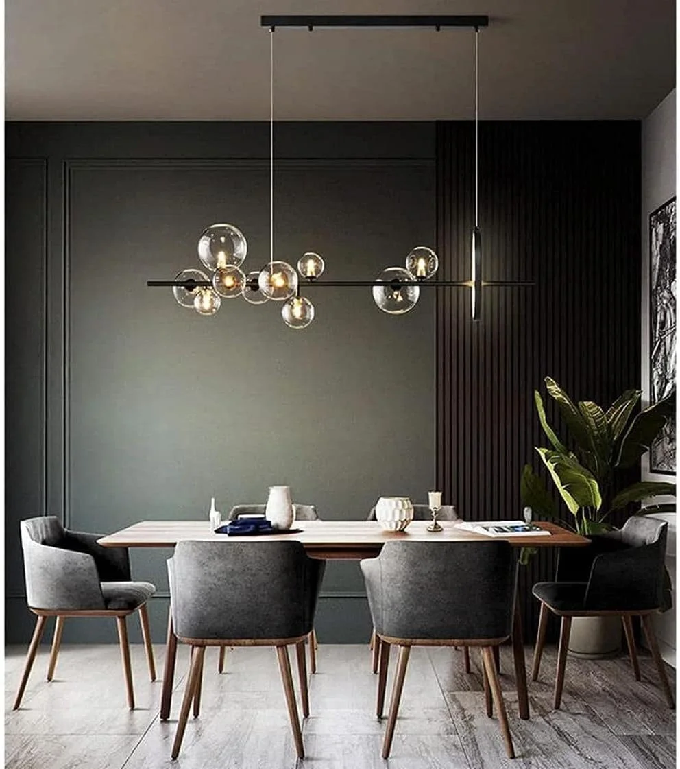 لوستر آویز مشکی خلاقانه با حباب‌های شیشه‌ای، مناسب برای رستوران، چراغ آویز تزئینی، روشنایی داخلی اتاق نشیمن - 120cm*30cm مدرن