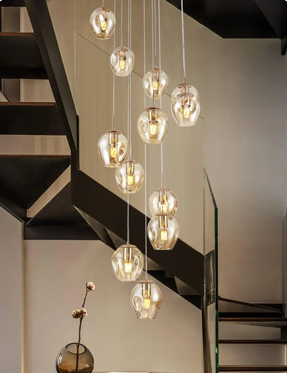 لوستر آویز راه پله مدرن، لوستر سقفی آویز با گوی های شیشه ای، لامپ ال ای دی، چراغ آویز چند شاخه بزرگ برای اتاق نشیمن، راهرو، ویلا (10 شاخه)
