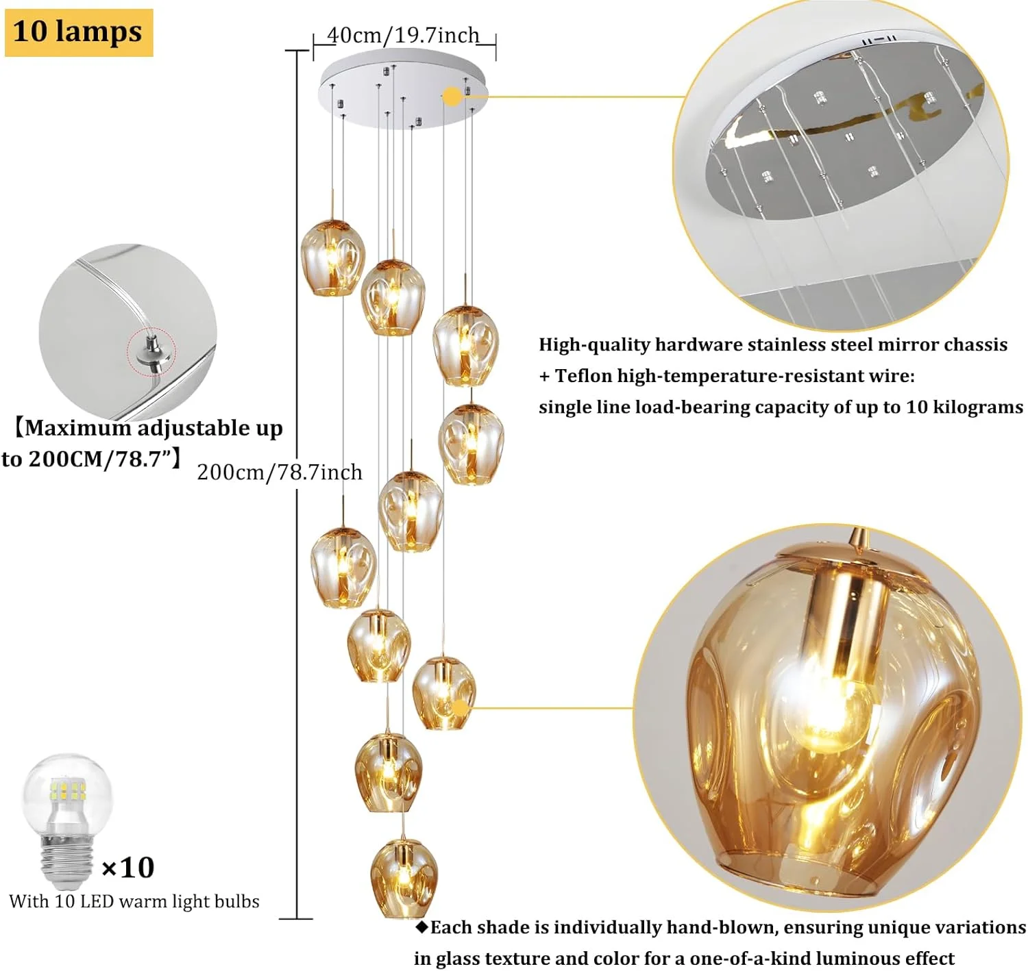 لوستر آویز راه پله مدرن، لوستر سقفی آویز با گوی های شیشه ای، لامپ ال ای دی، چراغ آویز چند شاخه بزرگ برای اتاق نشیمن، راهرو، ویلا (10 شاخه)