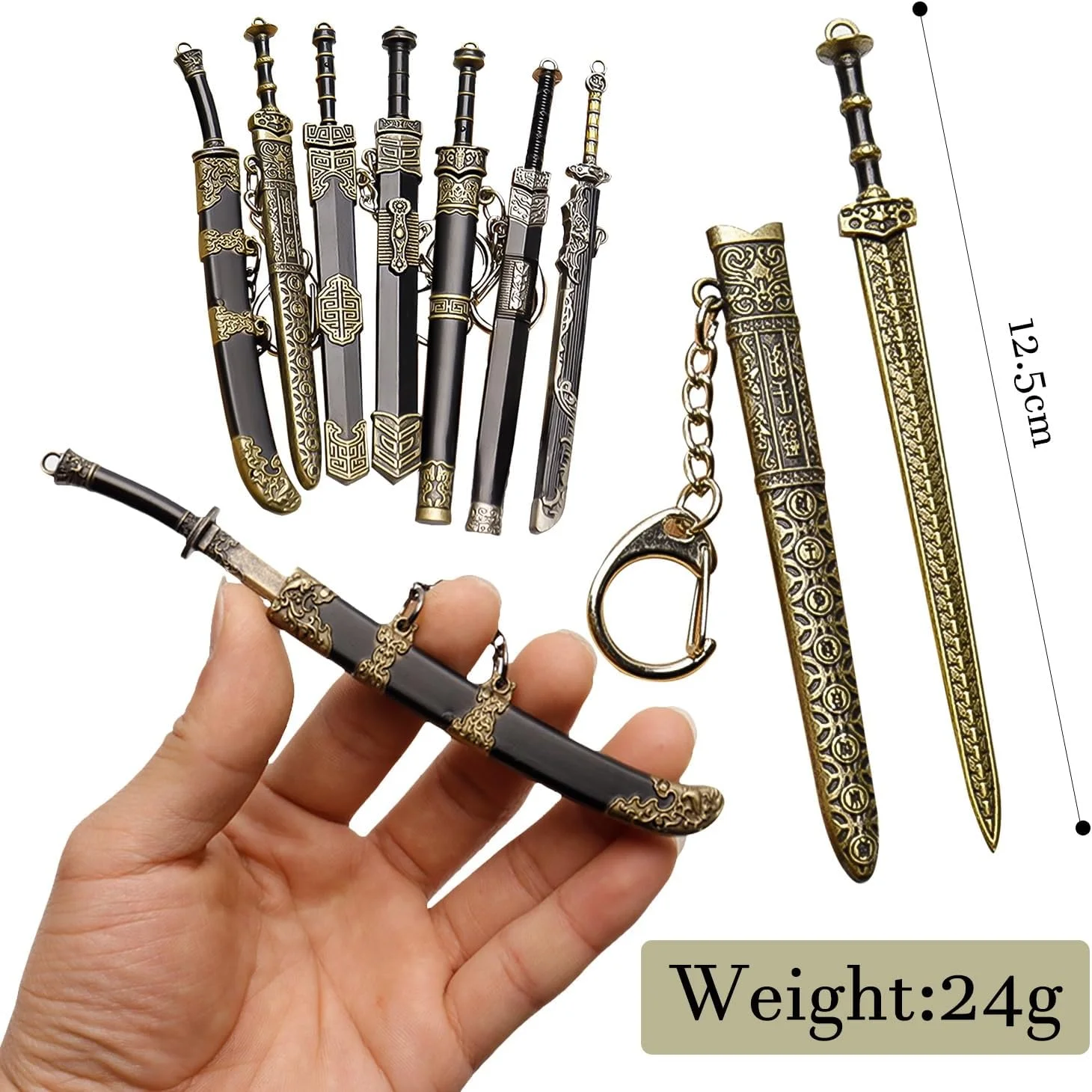 جاکلیدی مدل شمشیر باستانی، جاکلیدی طرح شمشیر به سبک چینی، آویز جاکلیدی طرح تزئینی سلاح، مناسب برای کیف مردانه و زنانه، هدیه