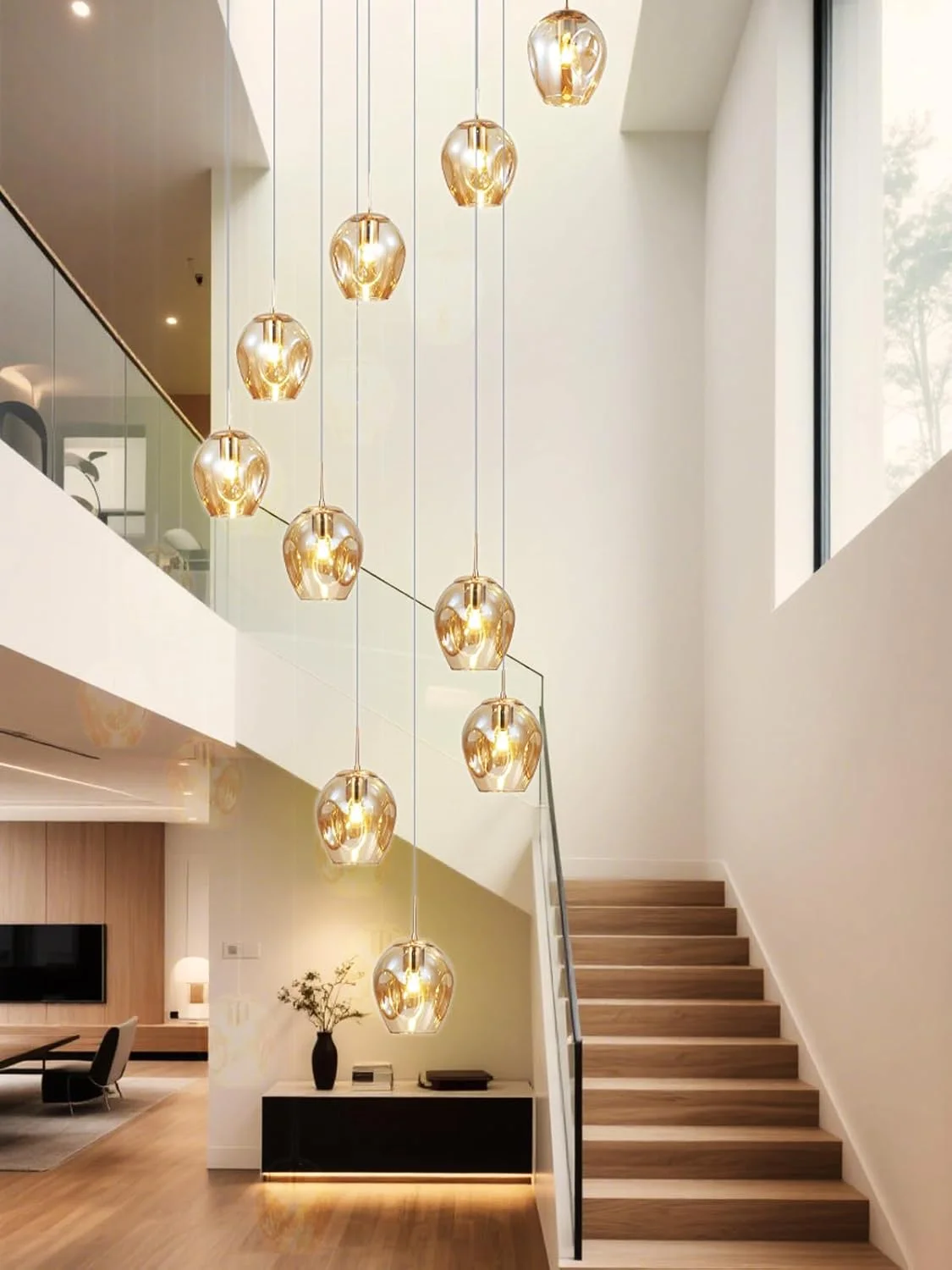لوستر آویز راه پله مدرن، لوستر سقفی آویز با گوی های شیشه ای، لامپ ال ای دی، چراغ آویز چند شاخه بزرگ برای اتاق نشیمن، راهرو، ویلا (10 شاخه)