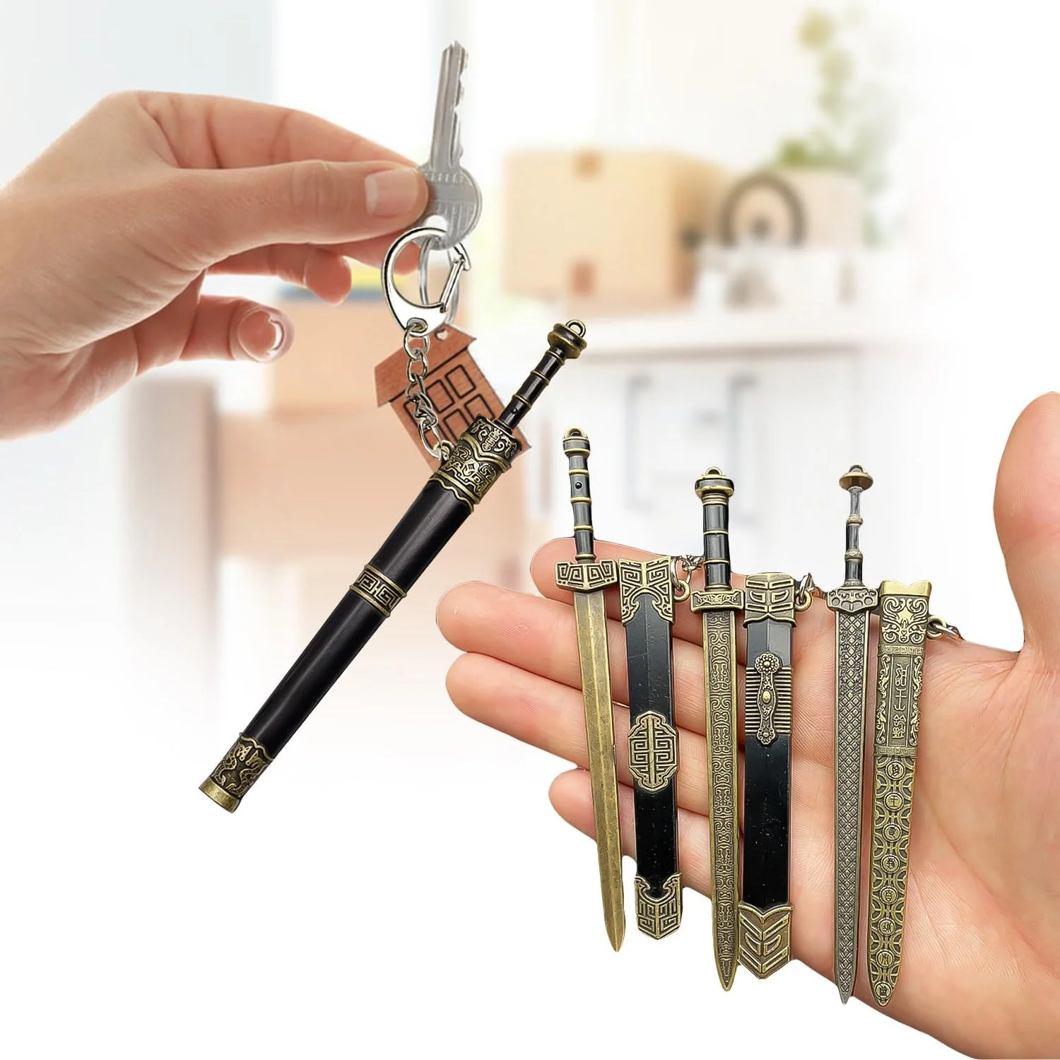 جاکلیدی مدل شمشیر باستانی، جاکلیدی طرح شمشیر به سبک چینی، آویز جاکلیدی طرح تزئینی سلاح، مناسب برای کیف مردانه و زنانه، هدیه