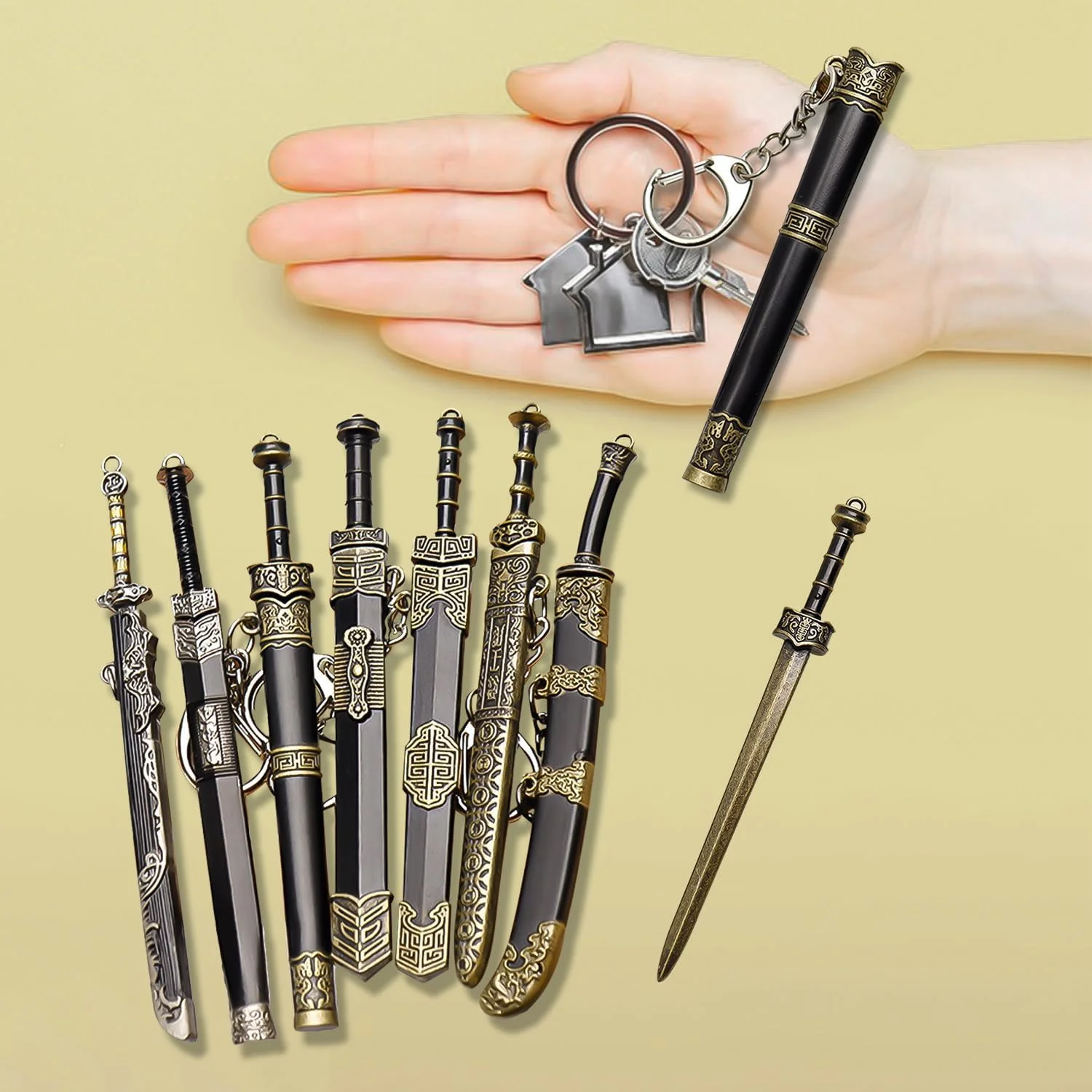 جاکلیدی مدل شمشیر باستانی، جاکلیدی طرح شمشیر به سبک چینی، آویز جاکلیدی طرح تزئینی سلاح، مناسب برای کیف مردانه و زنانه، هدیه