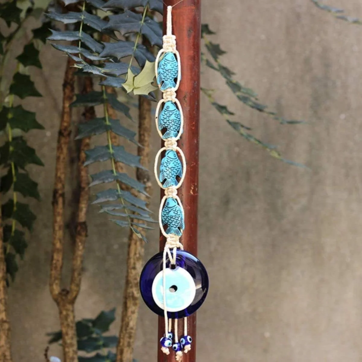 آویز دیواری چشم نظر آبی ترکیه ای خزنا، آویز تزئینی دیواری مهره های نظر ماهی شیشه ای خوش شانس، آویز ریسه مهره های طناب پنبه ای، هنر دیواری برای محافظت از خانه و محل کار