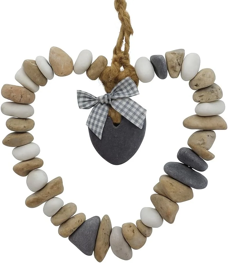 آویز تزئینی قلب سنگی طبیعی قطر 17 سانتی متر - حلقه سنگی با پاپیون - حلقه قلبی شکل برای آویزان کردن - دکوراسیون خانه روستایی وینتیج