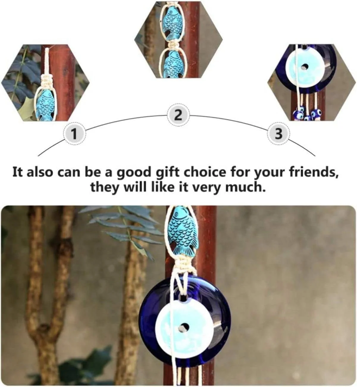 آویز دیواری چشم نظر آبی ترکیه ای خزنا، آویز تزئینی دیواری مهره های نظر ماهی شیشه ای خوش شانس، آویز ریسه مهره های طناب پنبه ای، هنر دیواری برای محافظت از خانه و محل کار